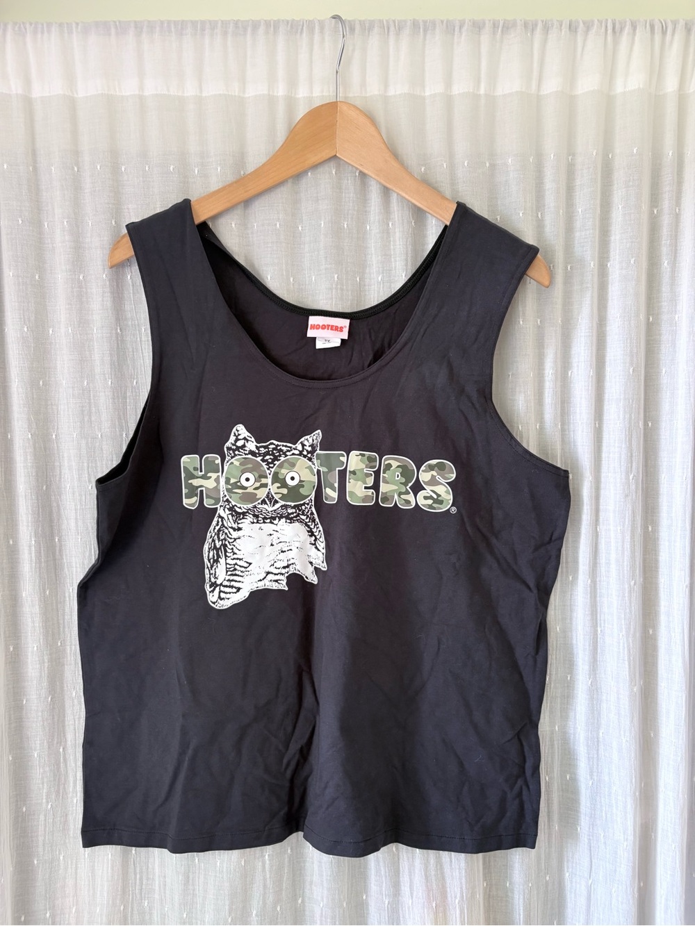 Hooters Black Tank with Green Camo Logo and White Owl